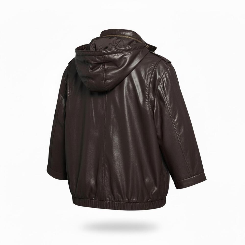 Chico's Brown Waxed Shiny 3/4 Sleeve Bomber Jacket, Size 2 (US 12) - Picture 7 of 8